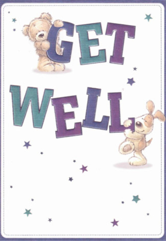 The inviting scene on this illustrated get well card is a joyful celebration of kindness, closely mirroring the neighbourly spirit of Queensbury. A spirited brown bear with irresistibly soft-looking fur shares a playful exchange with a floppy-eared puppy, both adorably perched upon and embracing the exuberant message: 'Get Well.' The text itself bursts with energy in deep purples and serene teals, standing confidently against a creamy white backdrop. Throughout the design, twinkling stars scatter in gradients of blue and aquamarine, reminiscent of a clear evening sky after rainfall at Stag Lane Park. The artistry here conjures the texture of plush toys and the warmth of friendship, their expressions conveying encouragement and hope. As a florist in Queensbury, I sense the same intentional touch in this card as in selecting the freshest roses or lilies for a get well bouquet meant to convey heartfelt support. The scene seems almost to reach out with an embrace, perfect for anyone recovering at home or in hospital nearby. Crafted with a delicate blend of innocence and sincerity, this card radiates the type of gentle reassurance cherished across the Queensbury community.